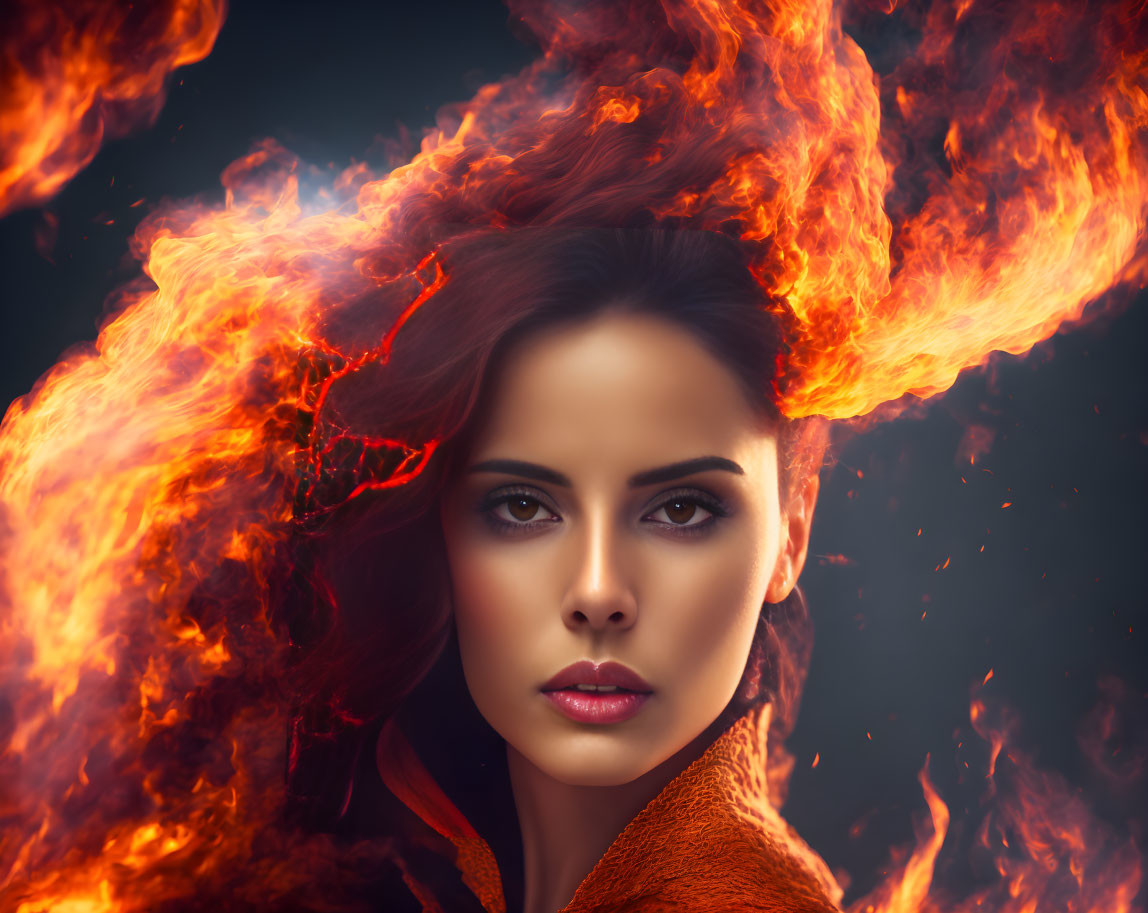 Intense gaze woman in fiery hair on dark background