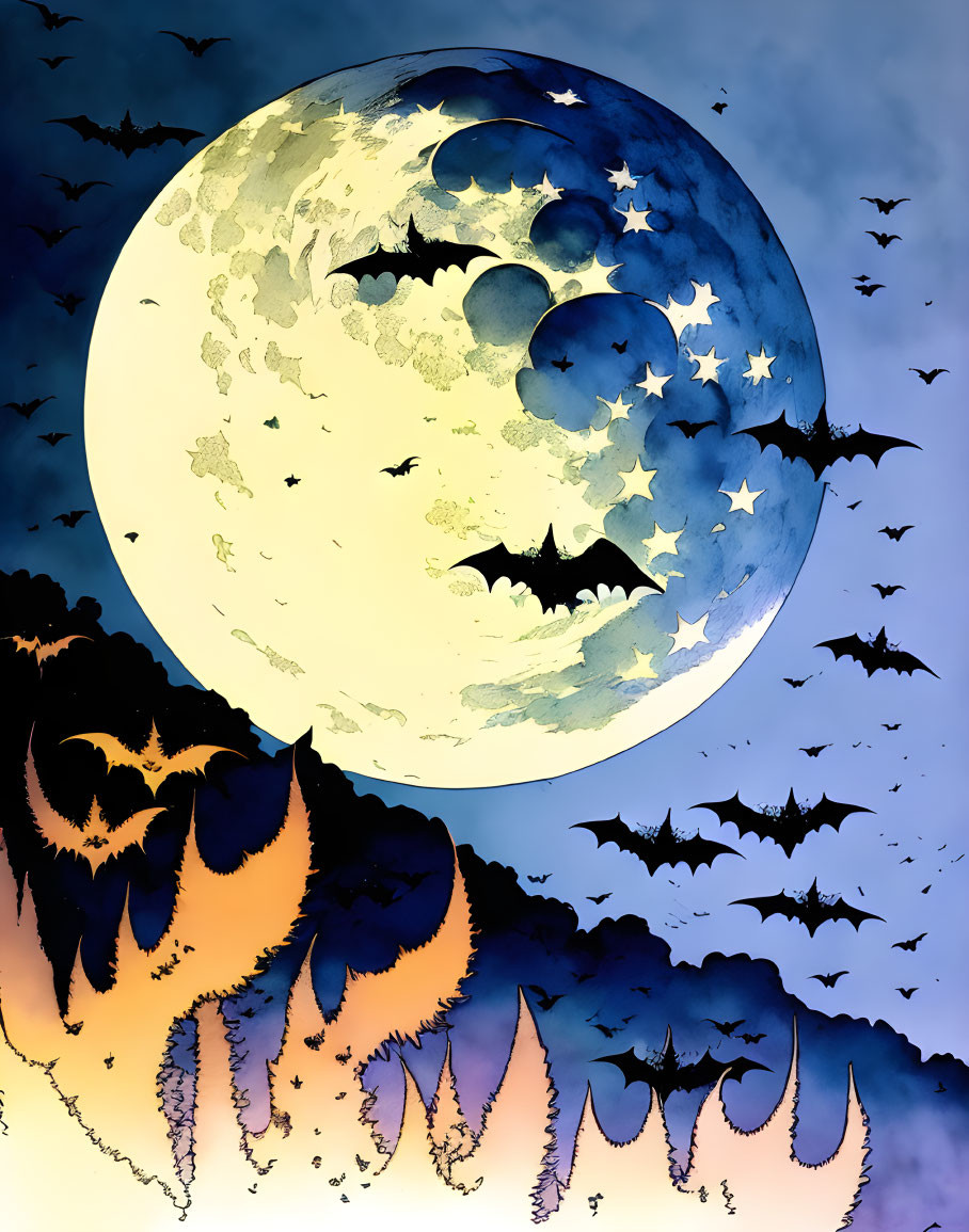 Illustration of bats flying under glowing moon