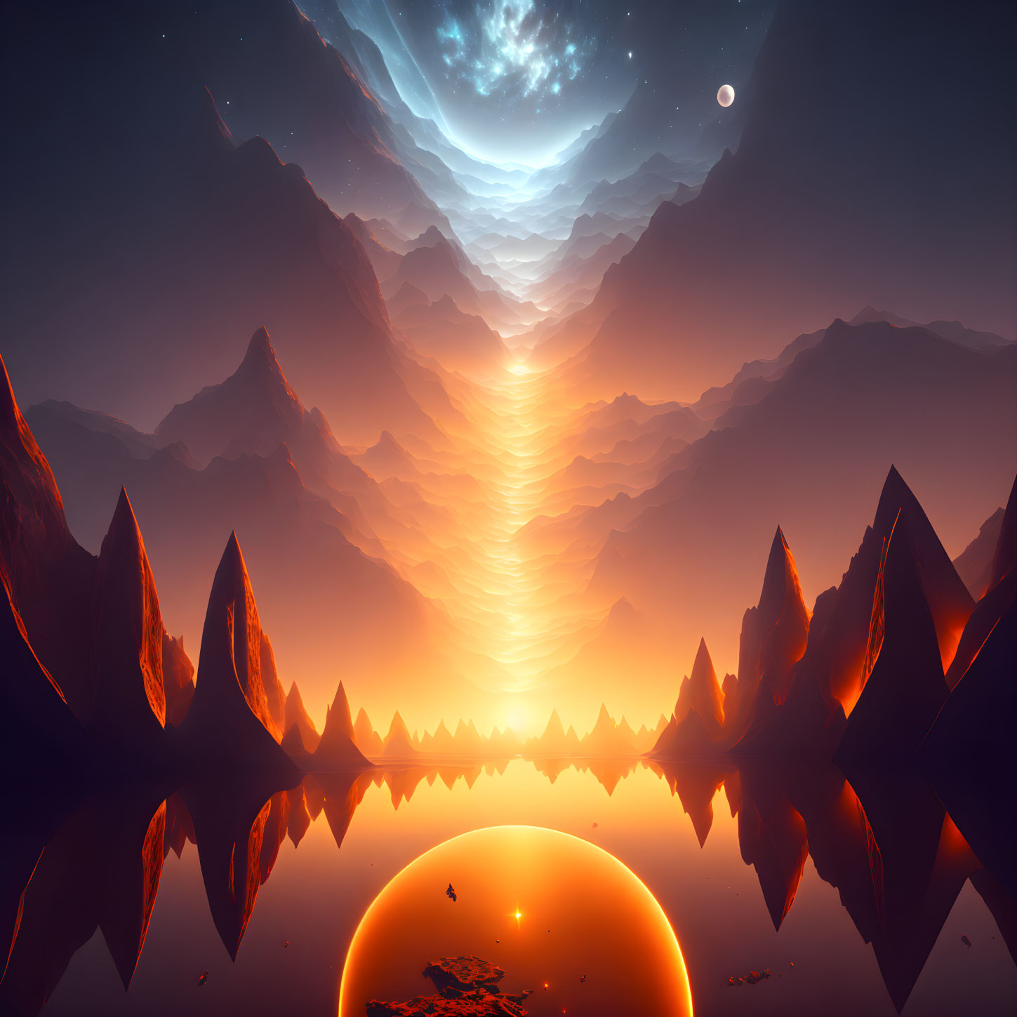 Fantastical landscape with glowing river, sun-like sphere, sharp peaks, starry sky.