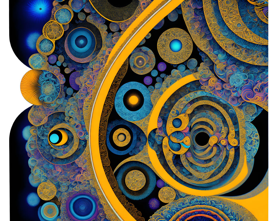 Abstract digital art: Blue and gold intricate patterns with spirals, circles, and eye-like motifs.