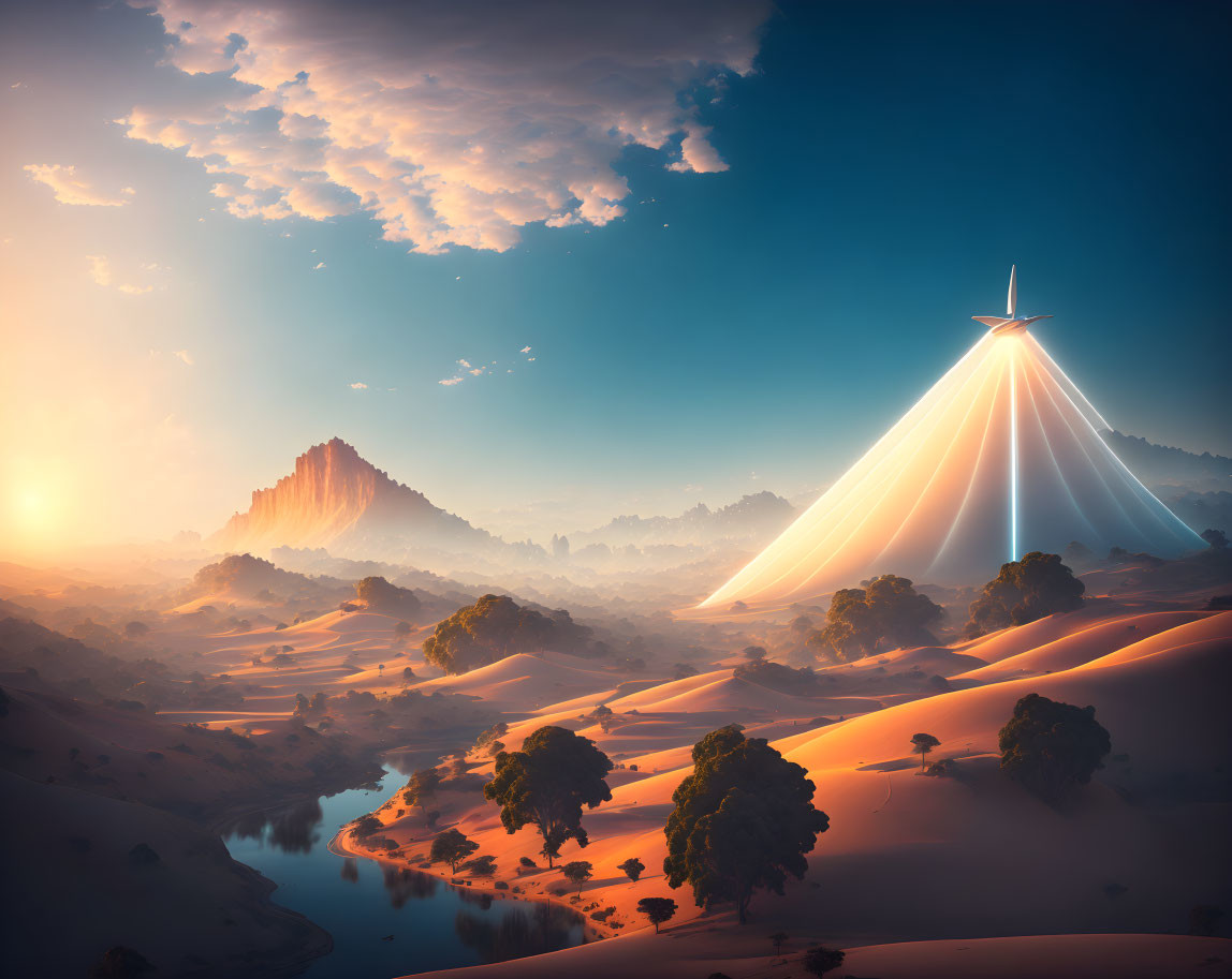 Surreal landscape with futuristic tower and rolling hills at sunrise