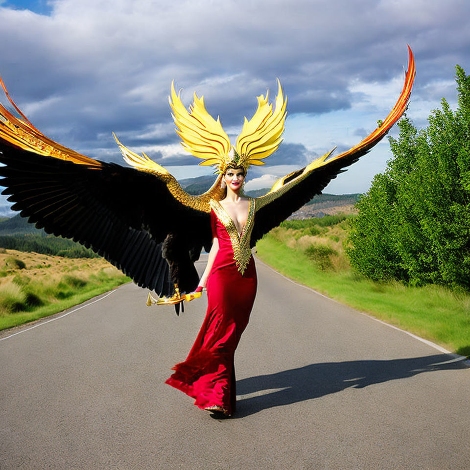 Person in Red Dress with Feathered Mask & Bird Wings on Road with Scenic Background