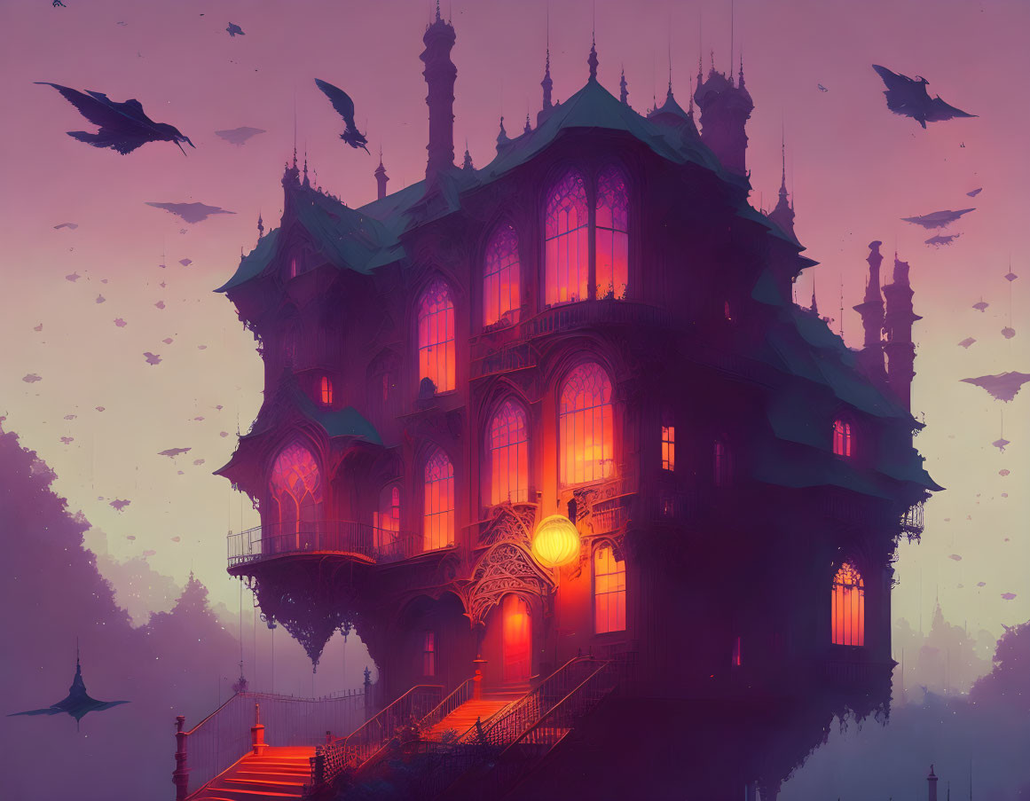 Victorian-style house at dusk with flying bats in pink and purple sky