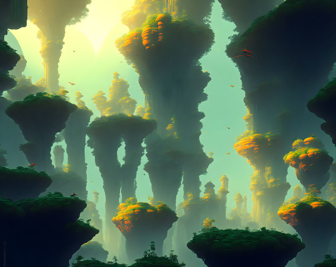 Misty green rock formations and floating islands in warm light