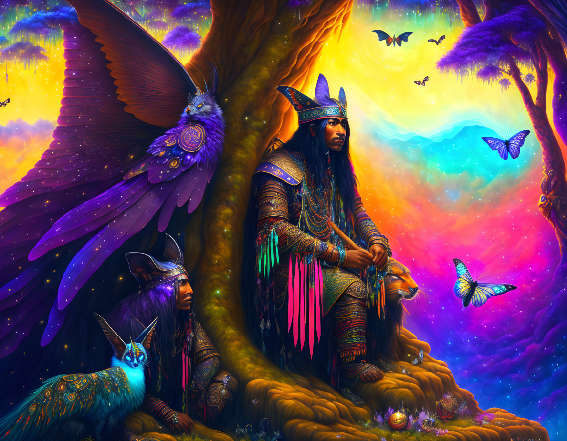 Fantasy illustration of regal individuals in Native American attire with butterflies and a grand tree.