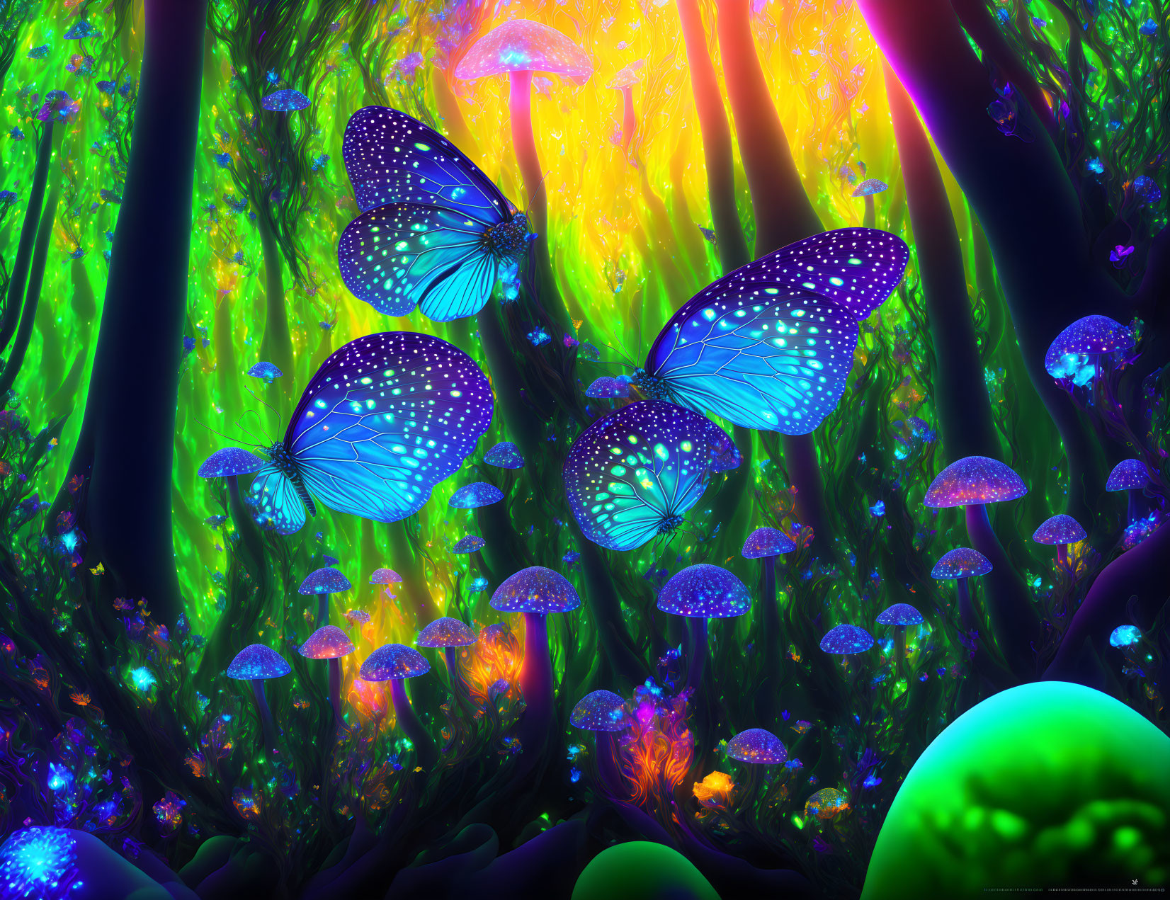 Enchanted forest digital artwork with glowing mushrooms and blue butterflies