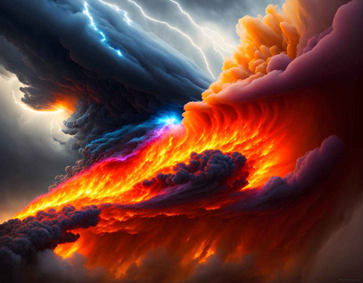 Colorful digital artwork: Storm clouds clash in vibrant orange and blue with lightning.