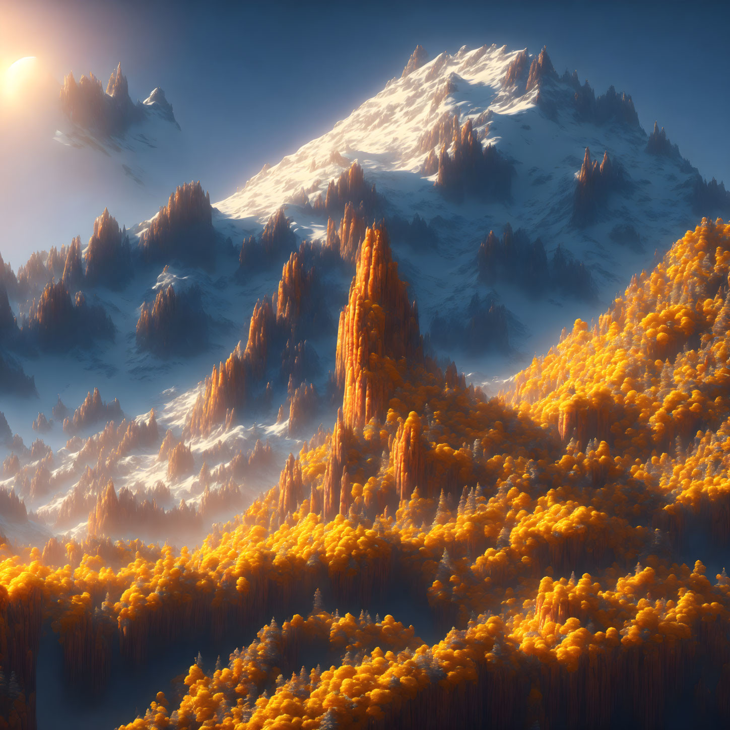 Golden Forests and Snowy Mountains in Illuminated Fantasy Landscape