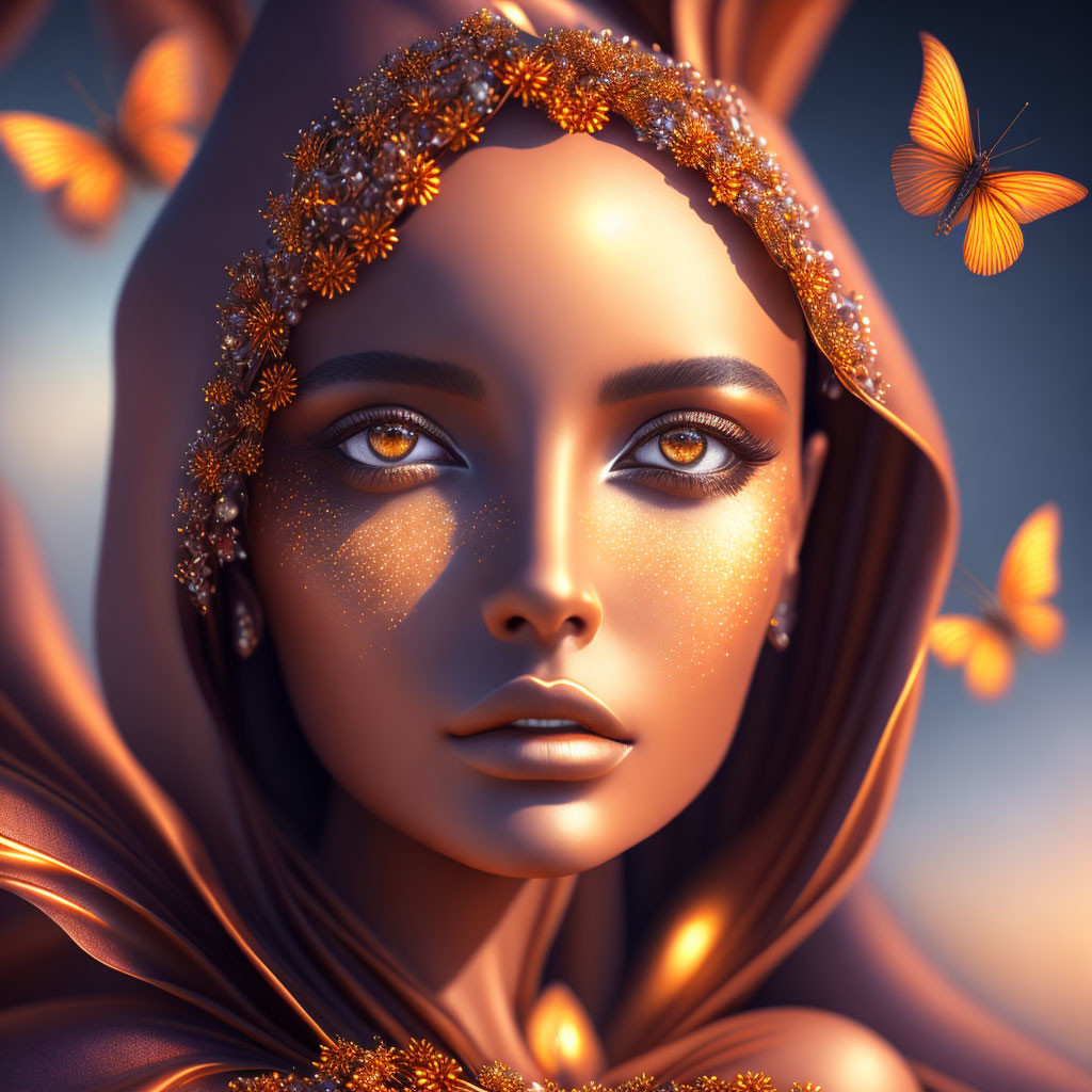 Digital portrait of woman with golden headpiece and makeup, brown eyes, butterflies on blue background