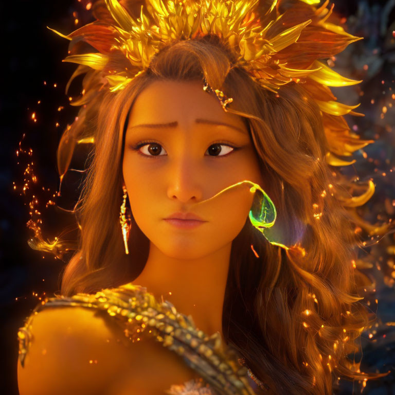 Digital artwork: Woman with golden skin in sun-themed attire