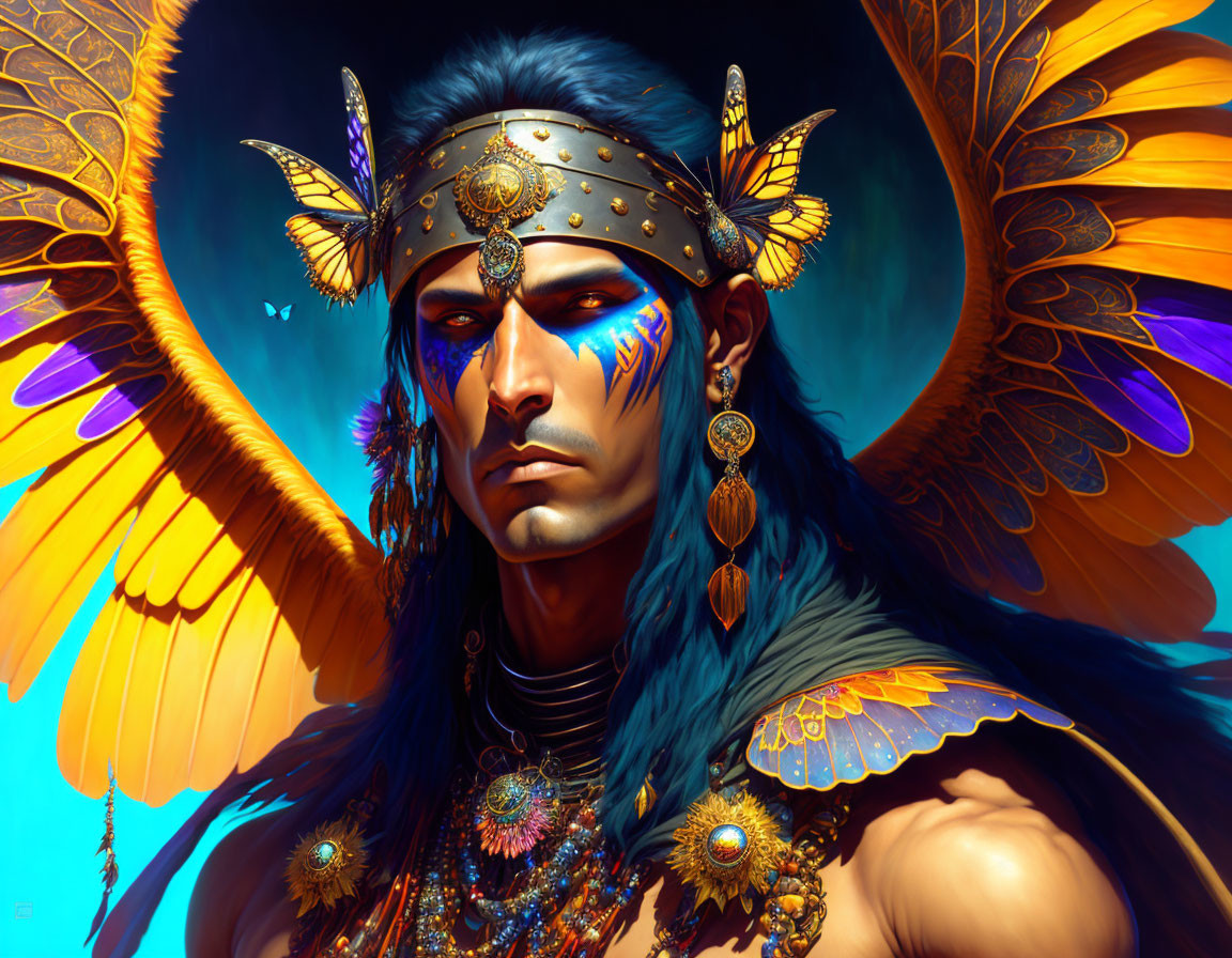 Colorful portrait of man with blue face paint, ornate headdress, and feathered wings