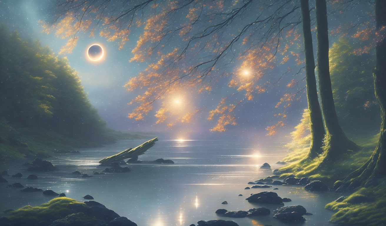 Mystical landscape with solar eclipse, glowing orbs, reflective river, autumn trees.