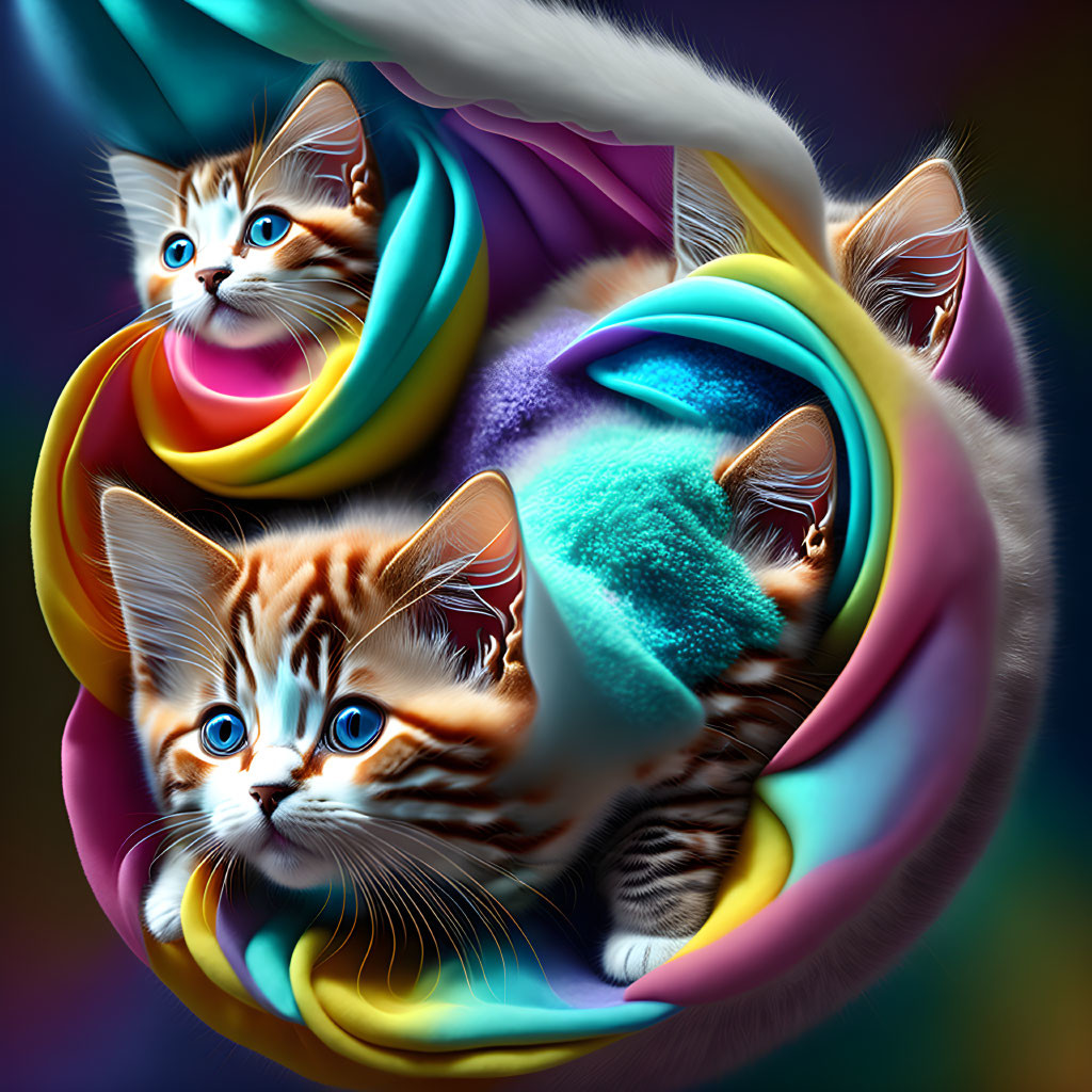 Colorful surreal image of merging kittens in swirling patterns