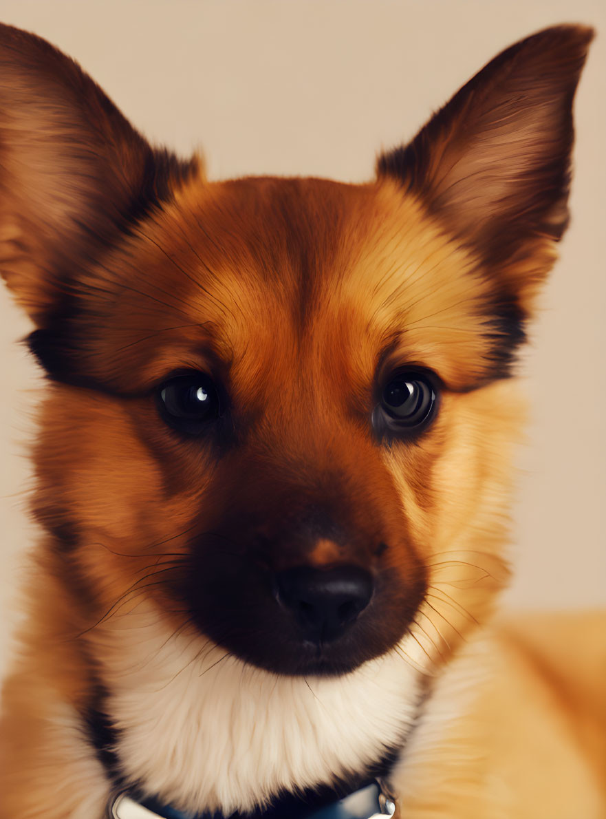 Brown and Tan Dog with Pointy Ears and Deep Brown Eyes on Beige Background