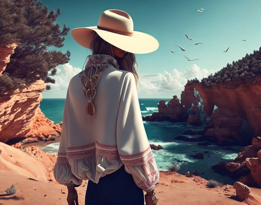 Stylishly dressed person overlooking serene turquoise sea