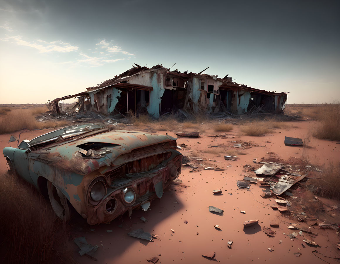 Abandoned desert scene with rusty car and dilapidated building