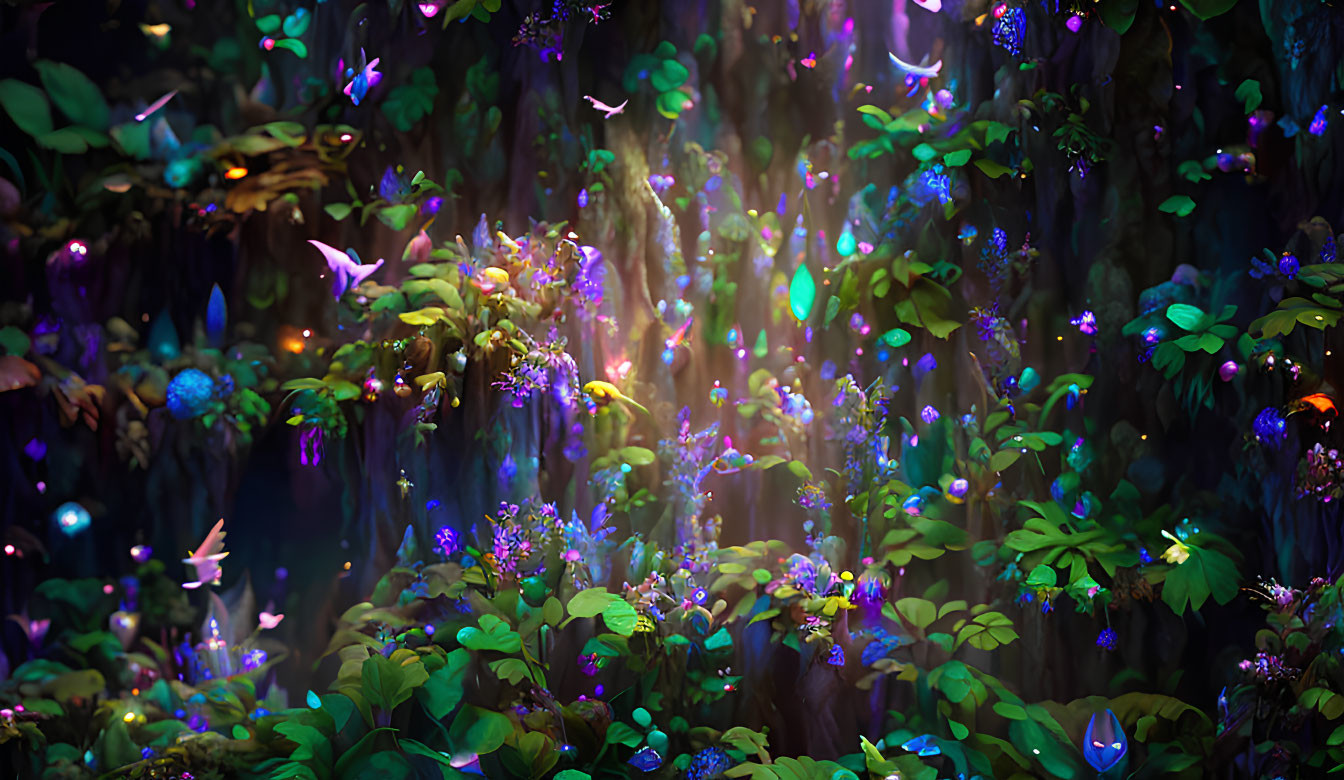 Enchanting forest with glowing flowers, soft light, and fluttering butterflies