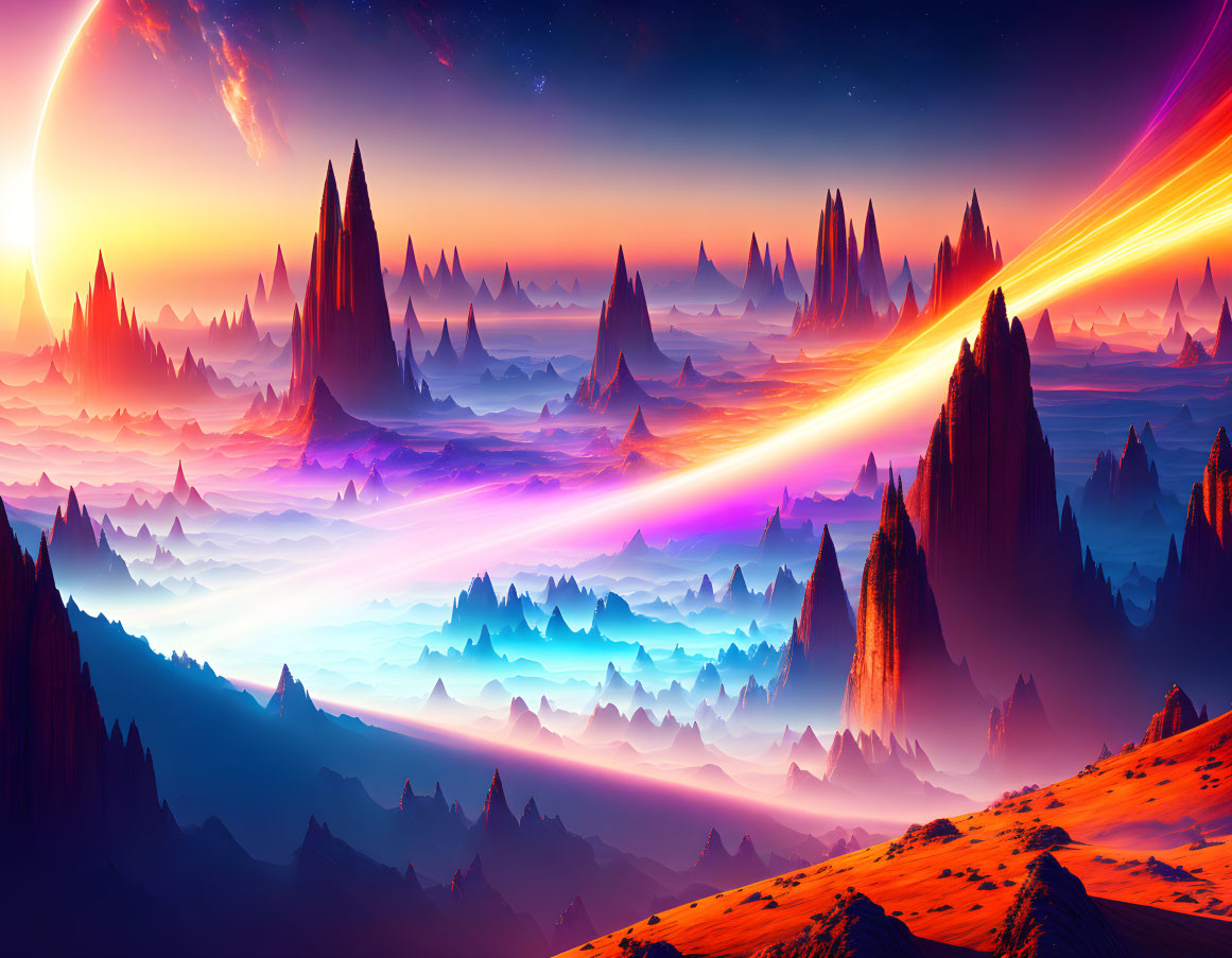 Colorful fantasy landscape with sharp mountain peaks and cosmic trails under a sunset sky.