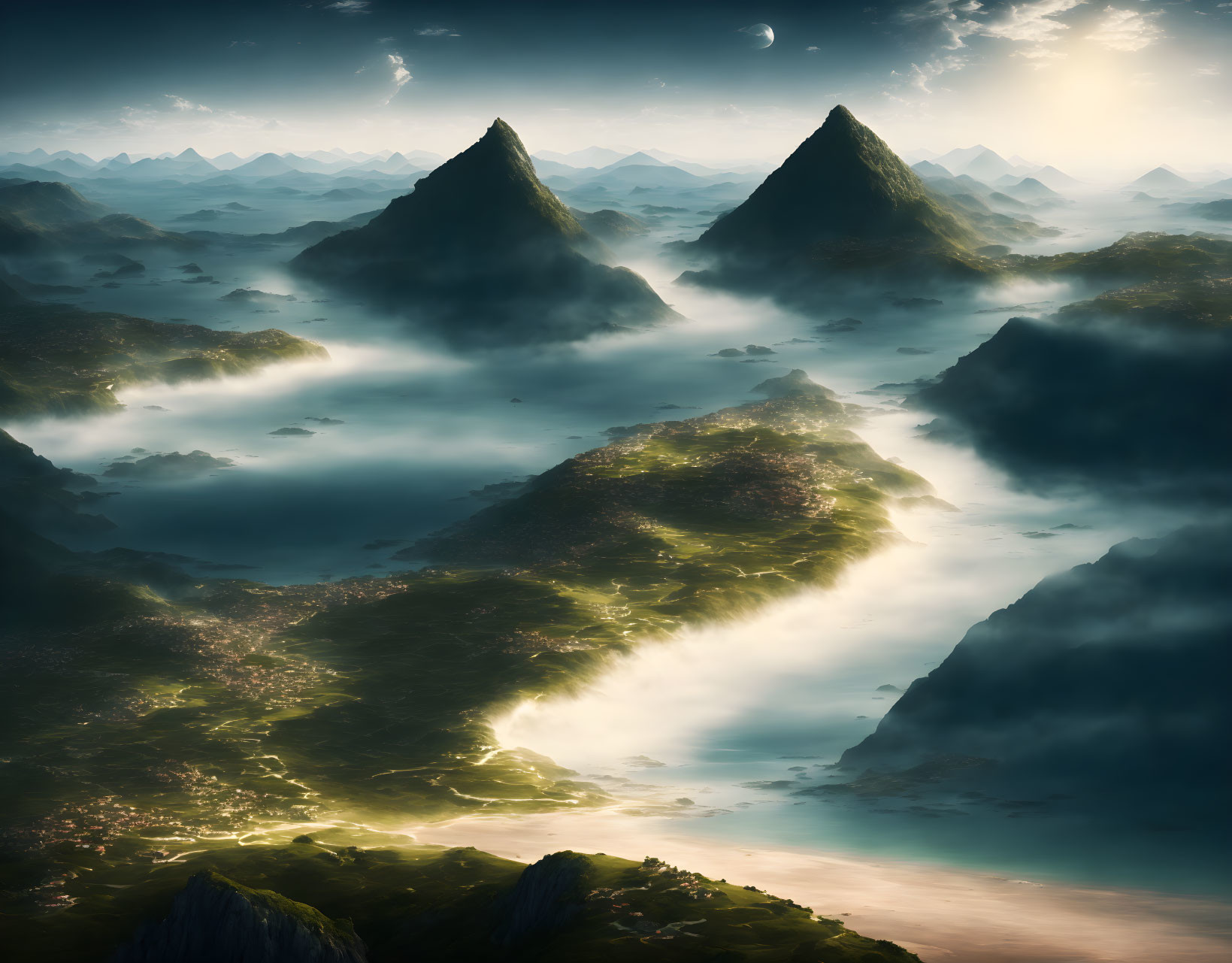 Misty Mountain Landscape with Sunlight and Greenery