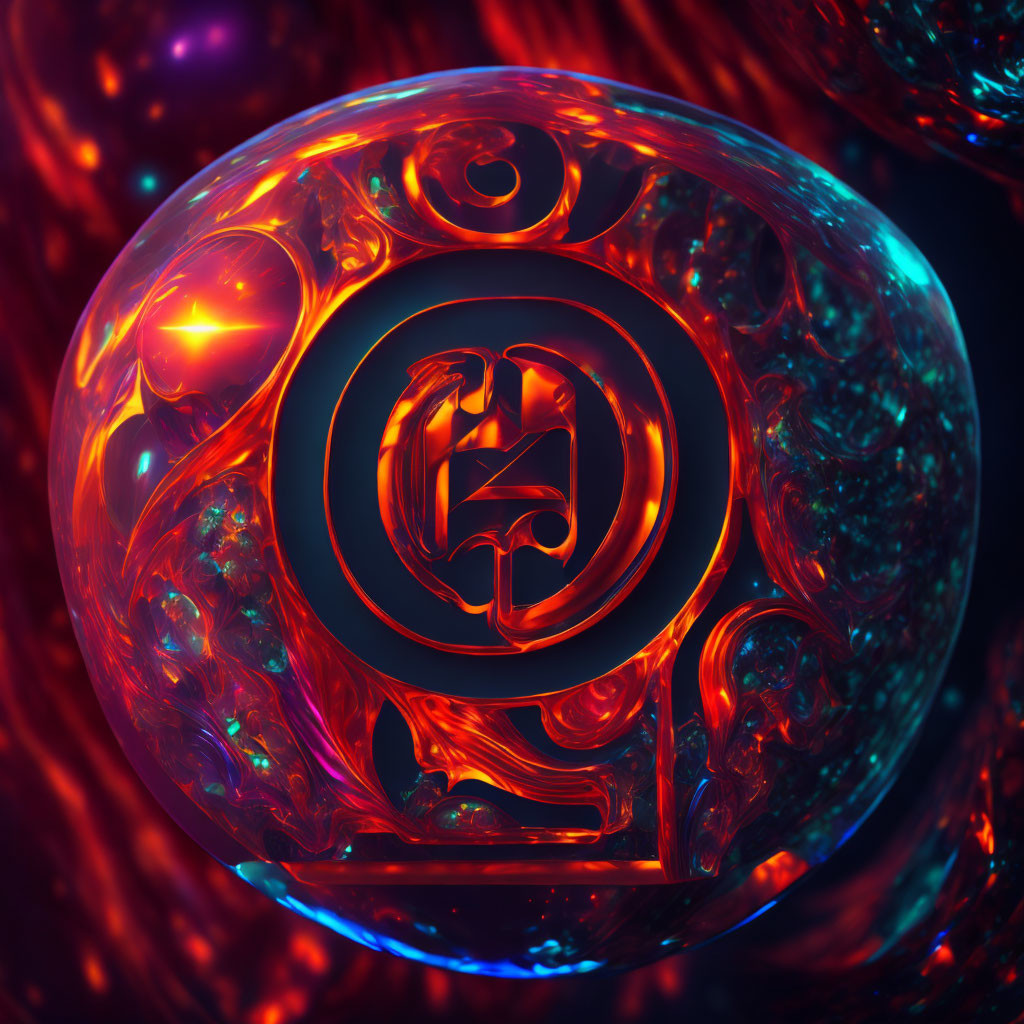 Colorful 3D-rendered image of glowing red and blue orb with symbol, surrounded by orbs