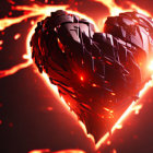 Vibrant red crystal heart in fiery embers and swirling heat