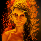 Illustration of woman with golden skin and sun headdress on dark background