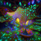 Enchanting forest with glowing flowers, soft light, and fluttering butterflies