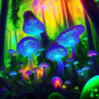 Enchanted forest digital artwork with glowing mushrooms and blue butterflies