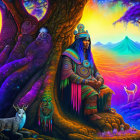 Fantasy illustration of regal individuals in Native American attire with butterflies and a grand tree.