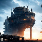 Robotic walkers at sunset in dramatic post-apocalyptic scene