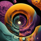 Abstract Spiral Fractal Artwork in Golden, Purple, and Teal Hues