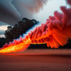 Colorful digital artwork: Storm clouds clash in vibrant orange and blue with lightning.