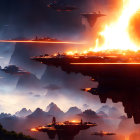 Apocalyptic landscape with hovering ships and fiery lava streams