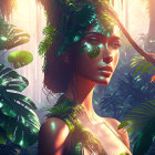 Digital artwork of woman in forest theme with lush greenery and ethereal appearance.