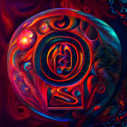 Colorful 3D-rendered image of glowing red and blue orb with symbol, surrounded by orbs