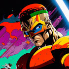 Muscular superhero with red visor and green headband in cosmic scene