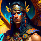 Colorful portrait of man with blue face paint, ornate headdress, and feathered wings