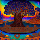 Colorful Psychedelic Tree of Life with Tribal Patterns and Waterfalls