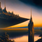 Surreal landscape with towering spires and reflective blade structure