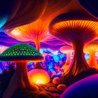 Colorful mushrooms in neon-lit fantasy landscape