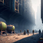 Soldiers March Through Dystopian Street with Derelict Buildings