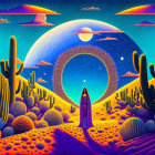 Colorful psychedelic desert night scene with cacti, alien plants, planets, stars, and glowing