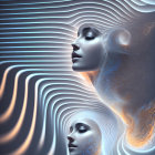 Surreal digital art: Two female faces in blue tones with gold patterns