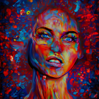 Colorful psychedelic portrait of a woman with blue and red hues and glistening bead-like textures