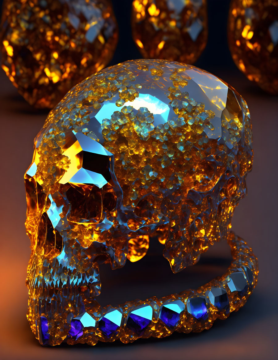 Crystal Skull with Orange and Blue Hues on Textured Spheres