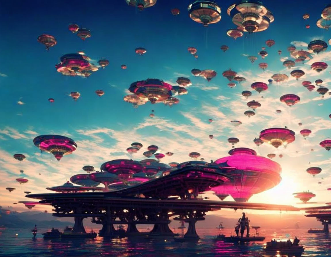 Futuristic cityscape at sunset with floating jellyfish-like structures and silhouetted couple by