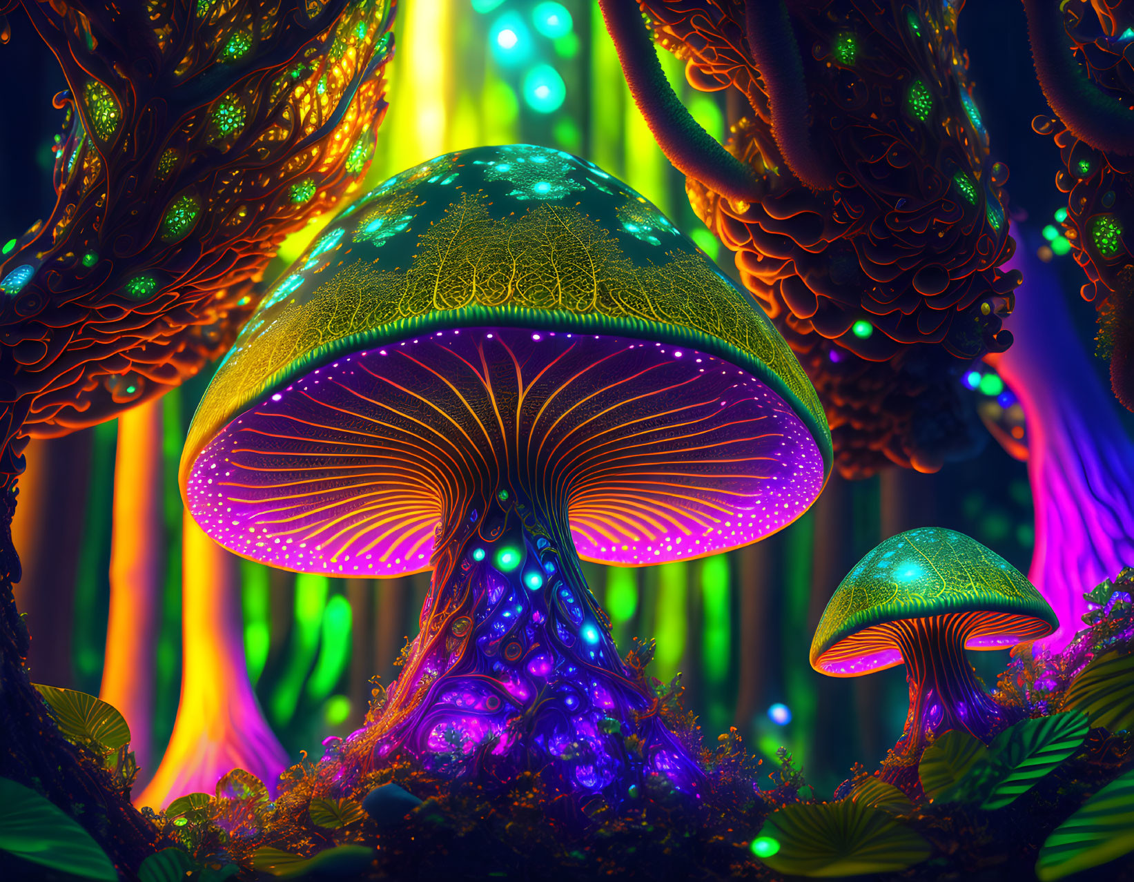 Luminescent mushrooms in an otherworldly forest with glowing foliage