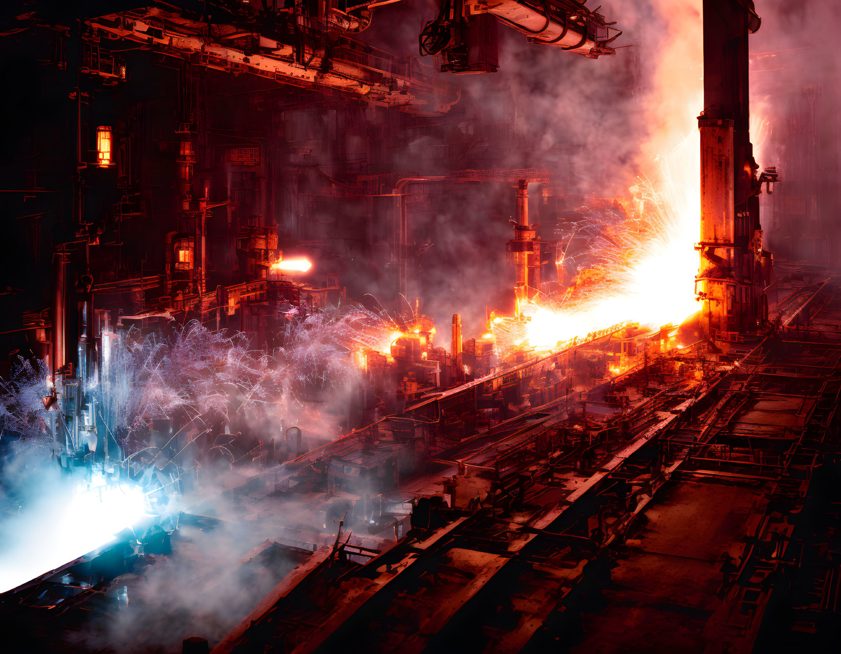 Nighttime industrial scene with fiery sparks, smoke, glowing metal, and factory infrastructure