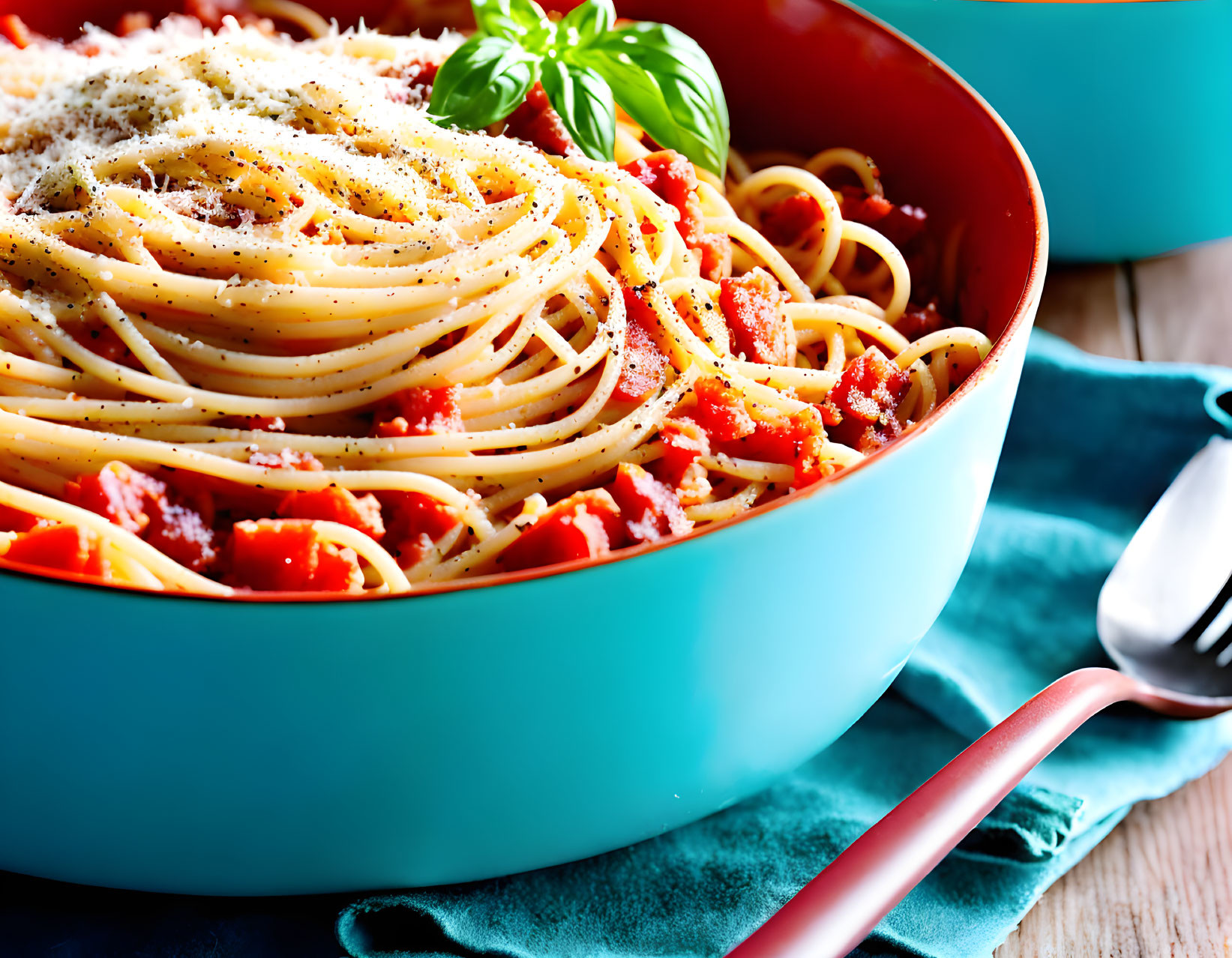 Italian-style spaghetti with tomato sauce, cheese, and basil on wooden table