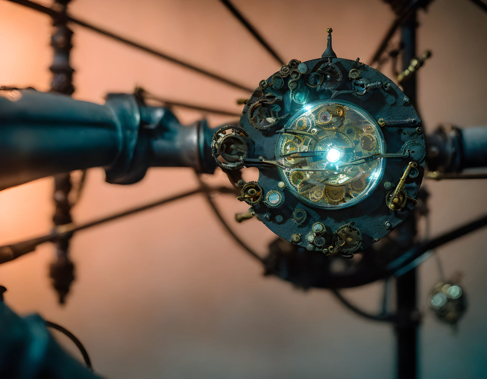 Intricate steampunk-style light fixture with metallic gears and pipes